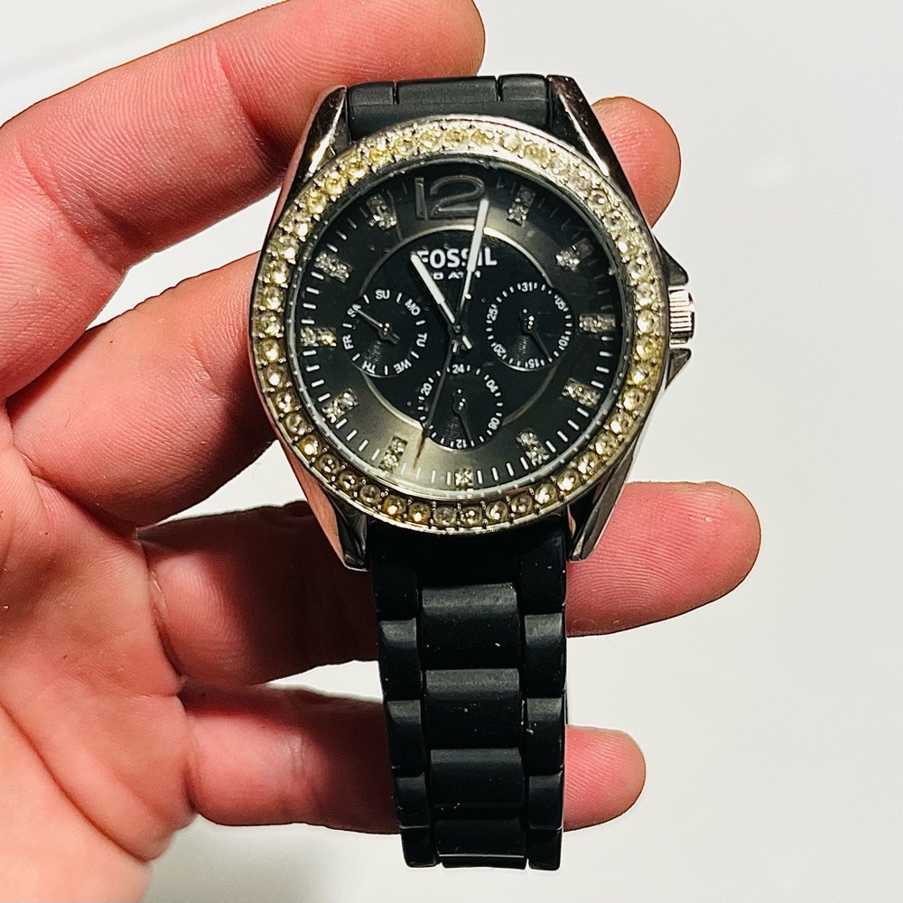Fossil black jelly diamond dial stainless steel analog watch!